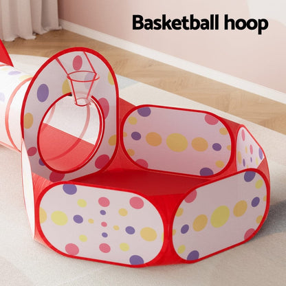Keezi Baby & Kids > Baby & Kid's Toys > Pretend Play Keezi Kids Playhouse Play Tent Pop Up Teepee Ball Pit Tunnel Basketball Hoop Red