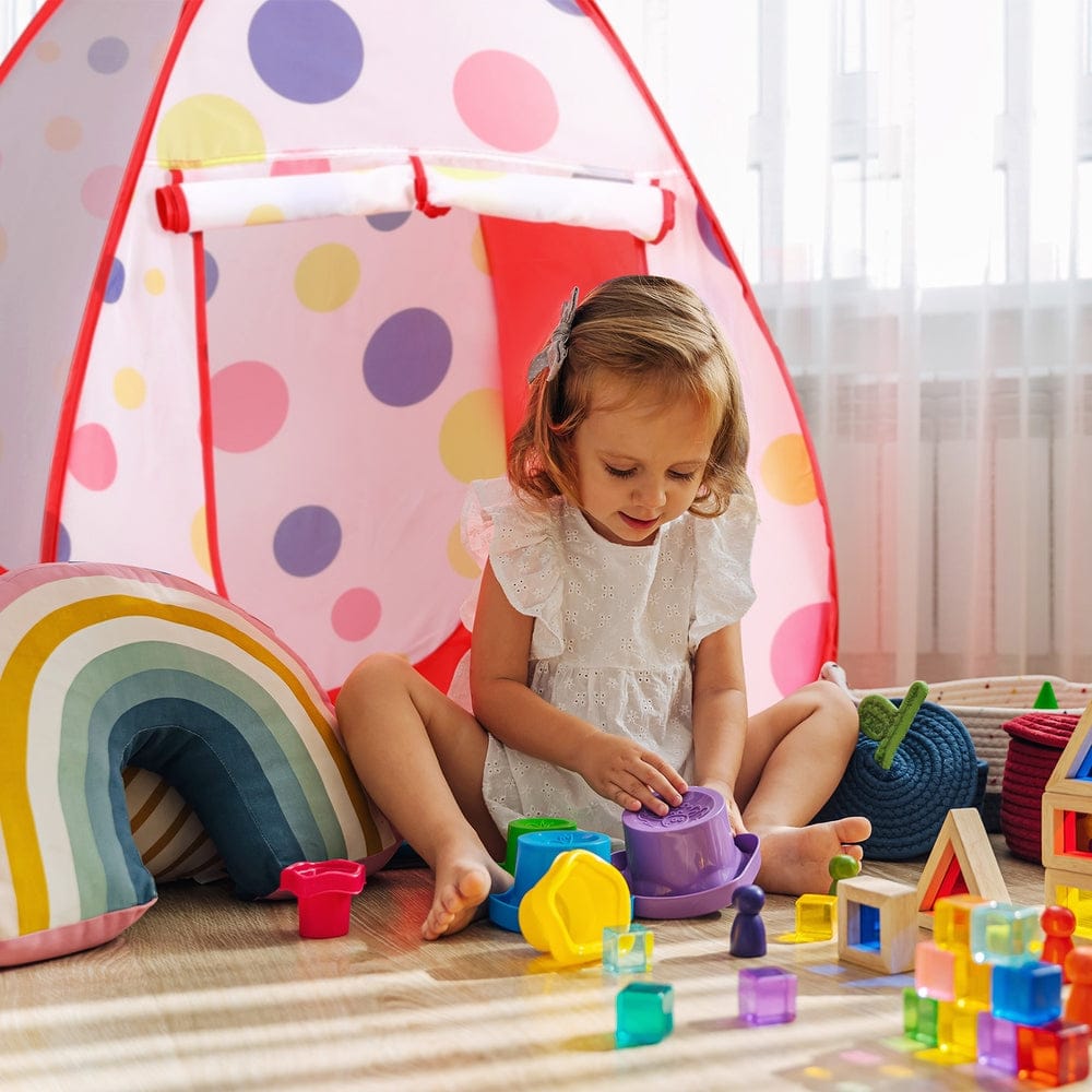 Keezi Baby & Kids > Baby & Kid's Toys > Pretend Play Keezi Kids Playhouse Play Tent Pop Up Teepee Ball Pit Tunnel Basketball Hoop Red