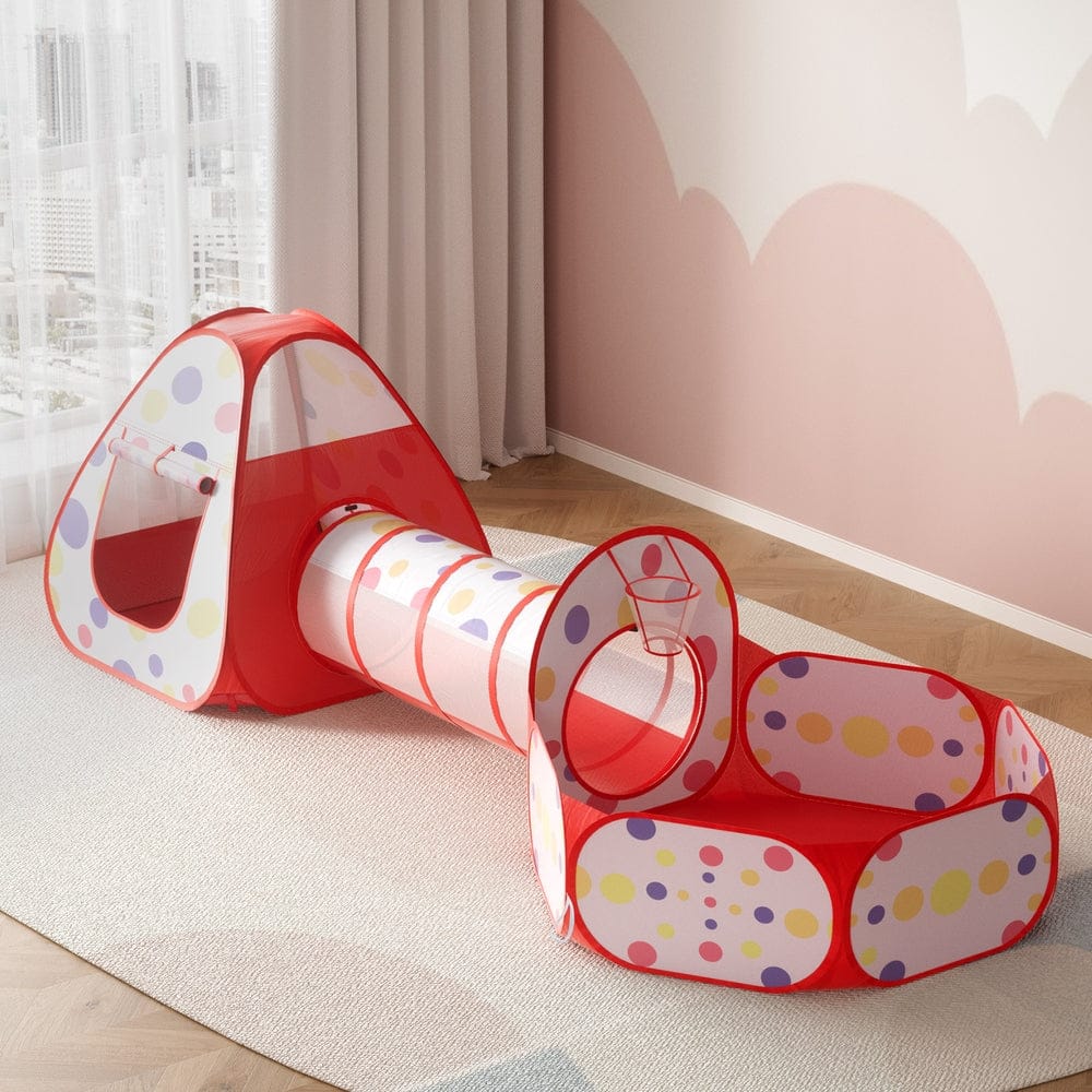 Keezi Baby & Kids > Baby & Kid's Toys > Pretend Play Keezi Kids Playhouse Play Tent Pop Up Teepee Ball Pit Tunnel Basketball Hoop Red