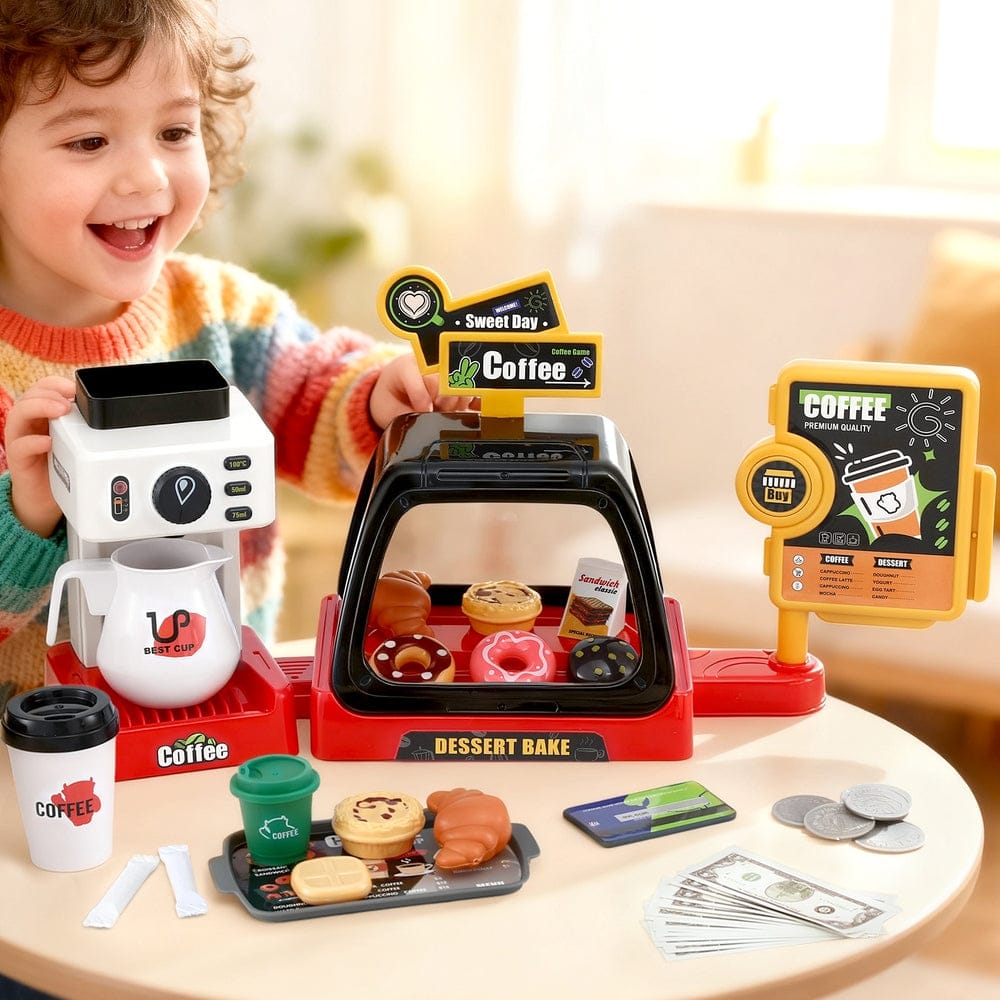 Keezi Baby & Kids > Baby & Kid's Toys > Pretend Play Keezi Kids Pretend Role Play Toy Coffee Shop with Coffee Maker Machine Play Money Food Tea Party Set