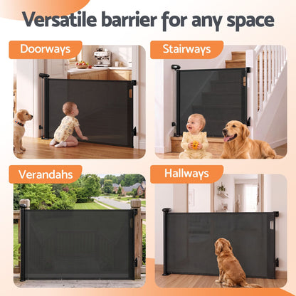 Keezi Baby & Kids > Gates & Playpens > Safety Gates & Safety Accessories Keezi Retractable Gate Baby Gate Pet Safety Fence Extends up to 140cm Black