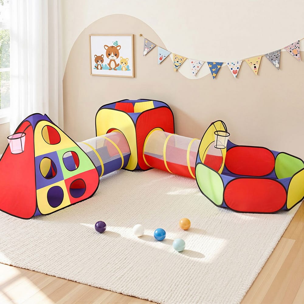 Keezi Kids Baby & Kids > Baby & Kid's Toys > Pretend Play Keezi Kids Play Tent Pop Up Teepee Playhouse Ball Pit Crawl Tunnel Basketball Hoop