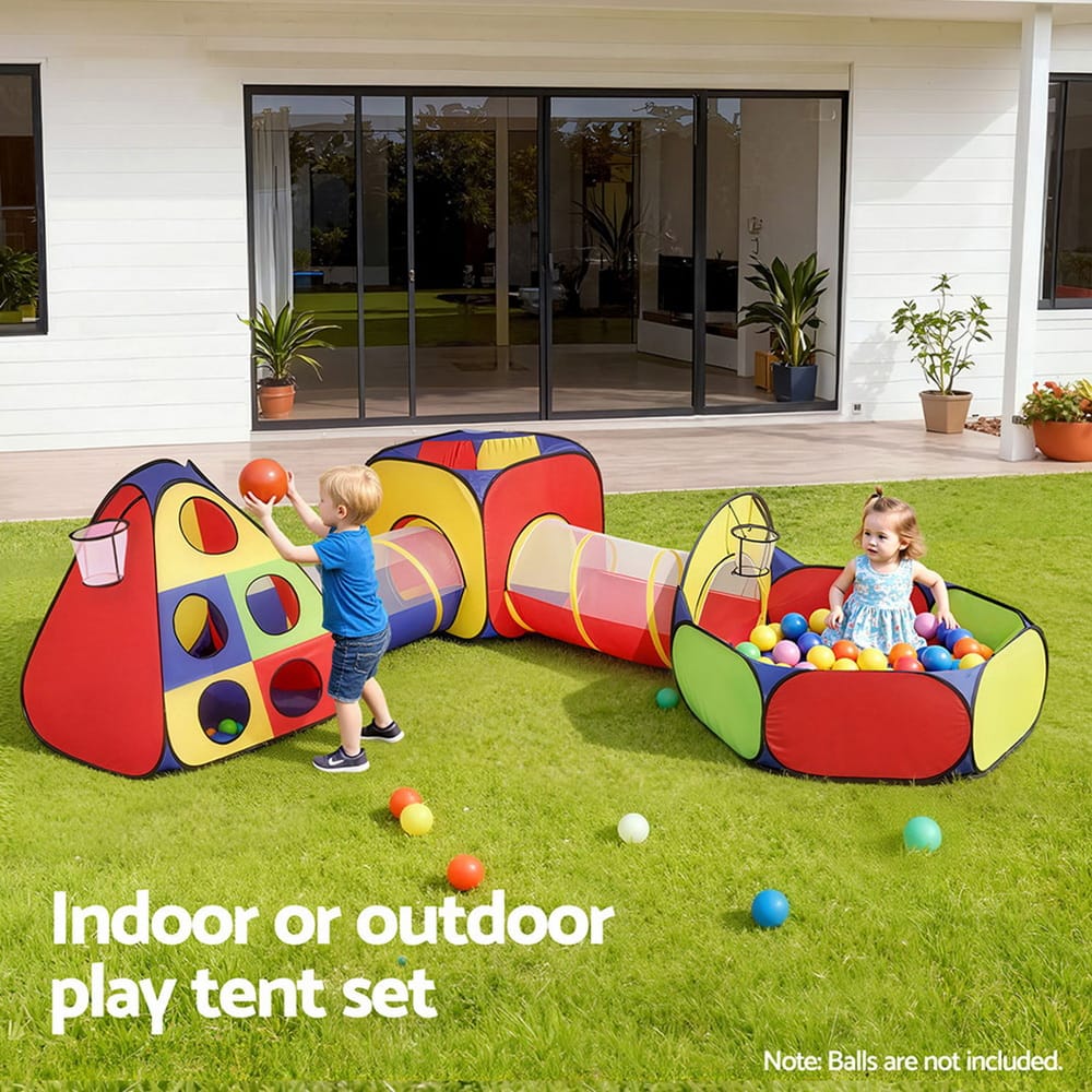 Keezi Kids Baby & Kids > Baby & Kid's Toys > Pretend Play Keezi Kids Play Tent Pop Up Teepee Playhouse Ball Pit Crawl Tunnel Basketball Hoop