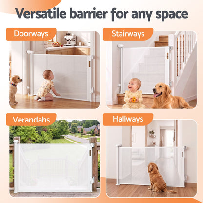 Keezi Kids Baby & Kids > Gates & Playpens > Safety Gates & Safety Accessories Keezi Retractable Gate Baby Gate Pet Safety Fence Extends up to 140cm White