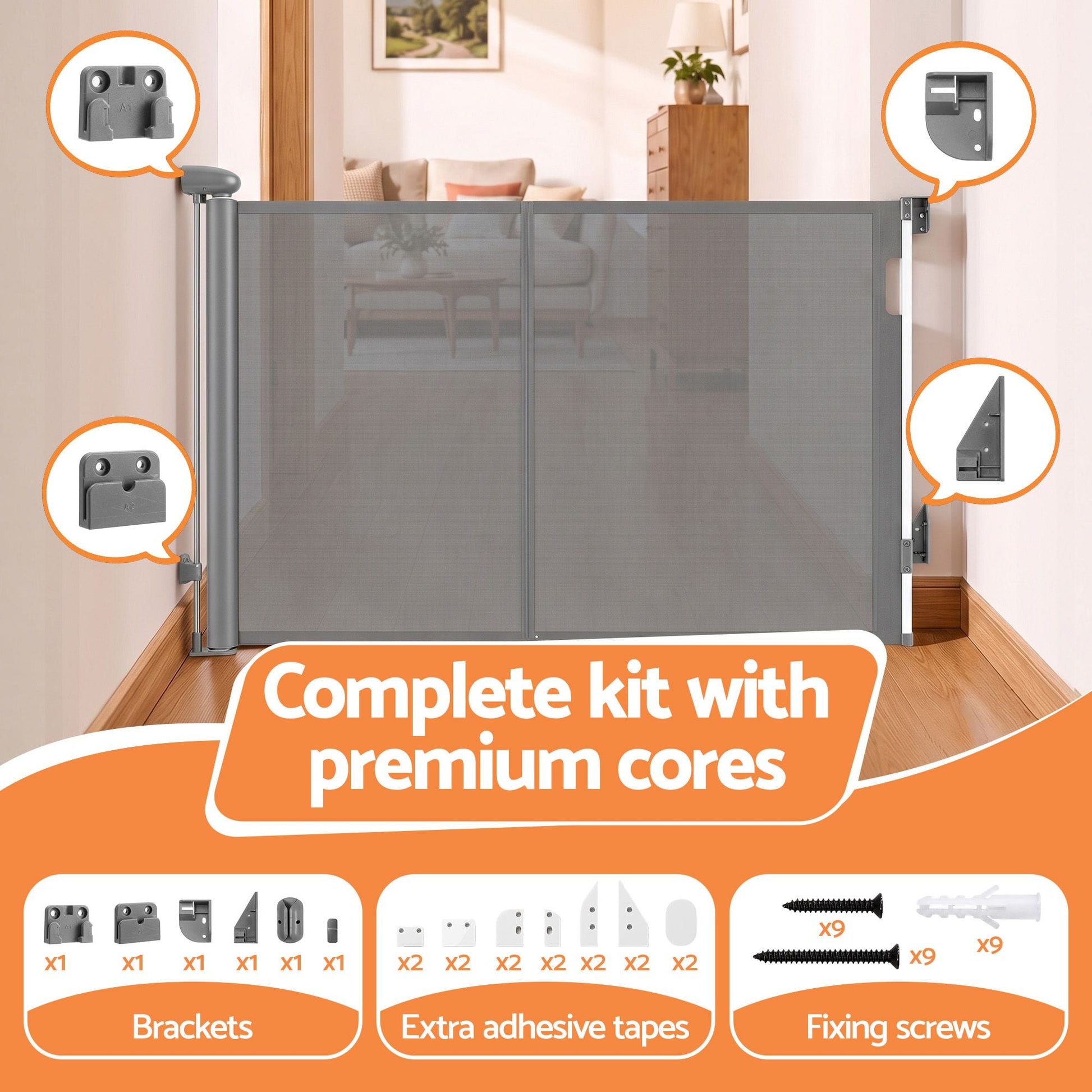 Keezi Kids Baby & Kids > Gates & Playpens > Safety Gates & Safety Accessories Keezi Retractable Gate Baby Gate Pet Safety Fence Extends up to 400cm Grey