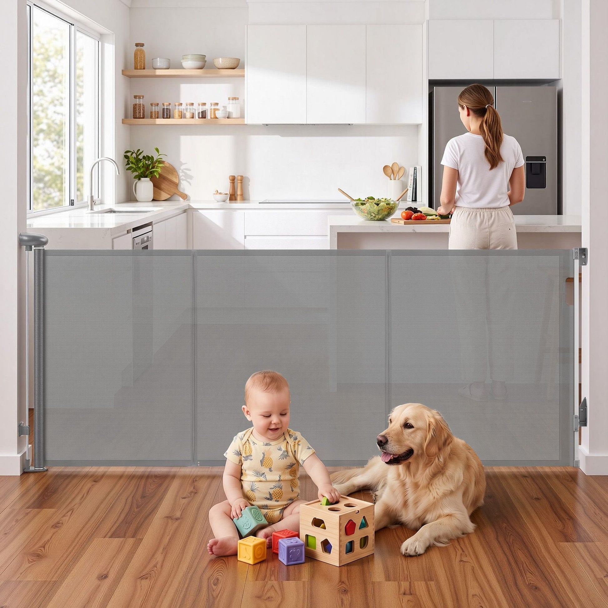 Keezi Kids Baby & Kids > Gates & Playpens > Safety Gates & Safety Accessories Keezi Retractable Gate Baby Gate Pet Safety Fence Extends up to 400cm Grey
