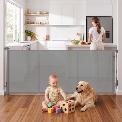 Keezi Kids Baby & Kids > Gates & Playpens > Safety Gates & Safety Accessories Keezi Retractable Gate Baby Gate Pet Safety Fence Extends up to 400cm Grey