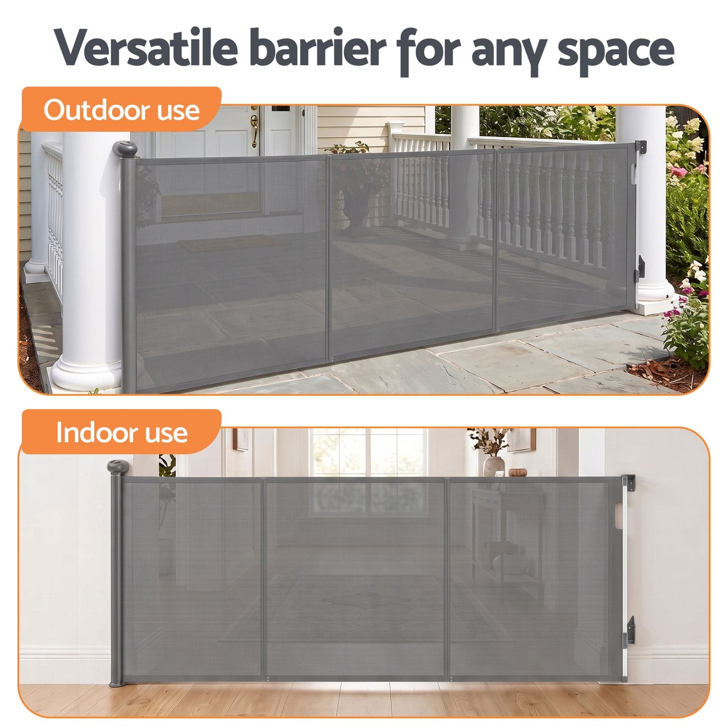Keezi Kids Baby & Kids > Gates & Playpens > Safety Gates & Safety Accessories Keezi Retractable Gate Baby Gate Pet Safety Fence Extends up to 400cm Grey