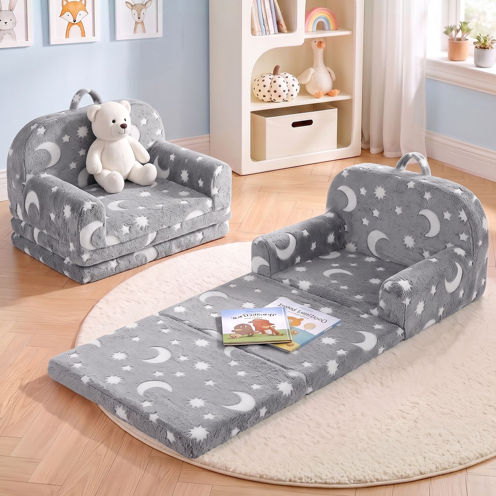 Keezi Kids Baby & Kids > Kid's Furniture > Kid's Tables, Chairs & Seats Keezi Kids 2-in-1 Fold Out Sofa Bed with Removable Washable Cover, Carry Handle, Storage Pocket, Glow in the Dark, Grey