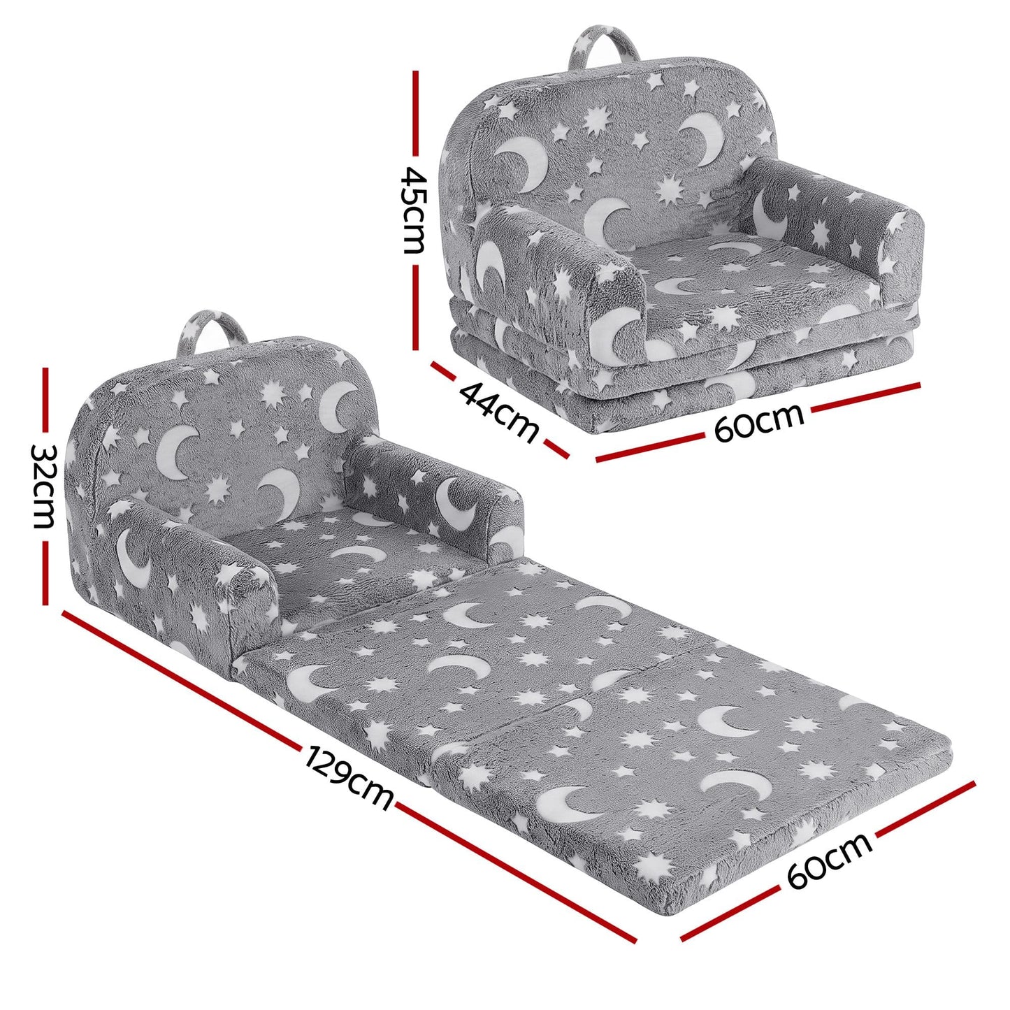 Keezi Kids Baby & Kids > Kid's Furniture > Kid's Tables, Chairs & Seats Keezi Kids 2-in-1 Fold Out Sofa Bed with Removable Washable Cover, Carry Handle, Storage Pocket, Glow in the Dark, Grey