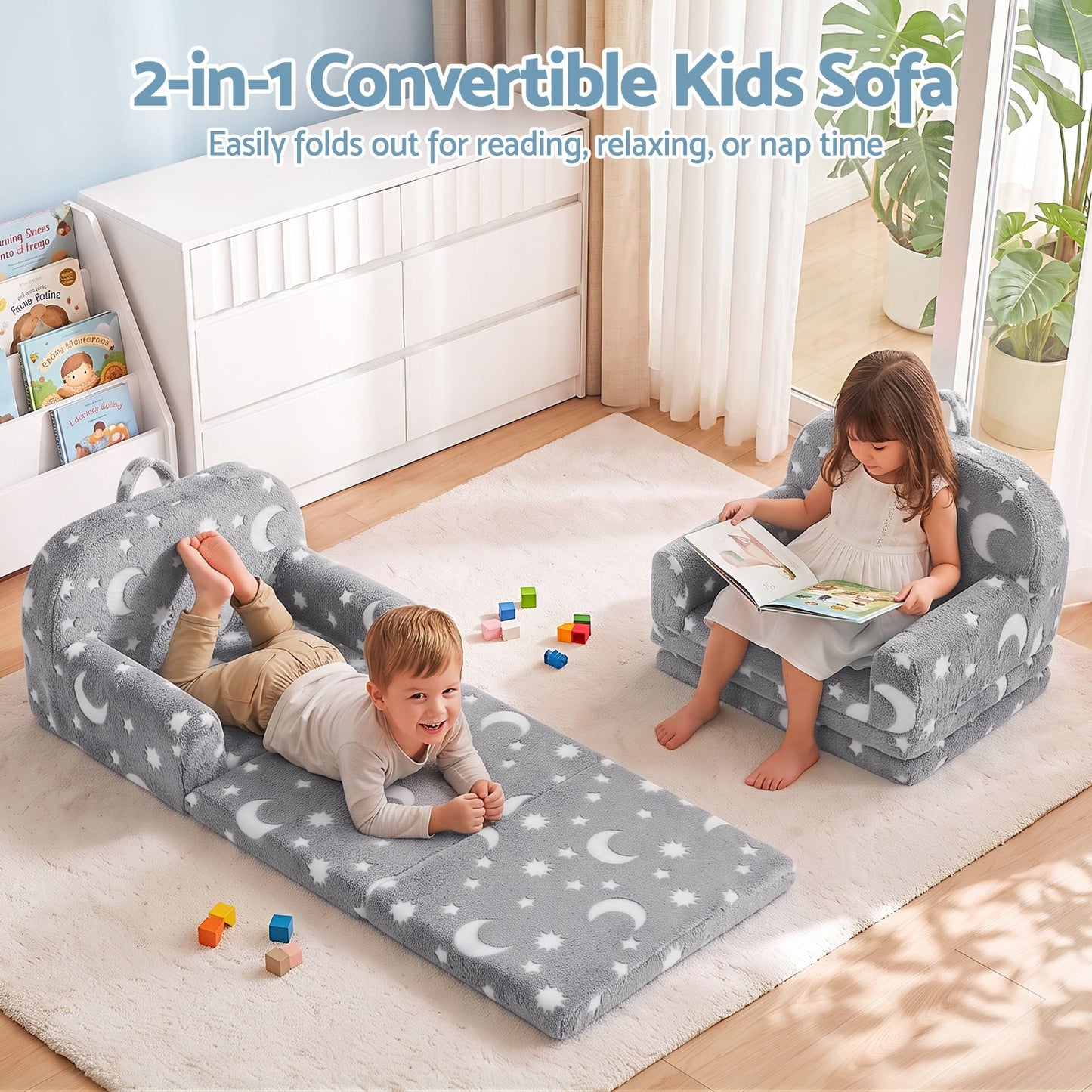 Keezi Kids Baby & Kids > Kid's Furniture > Kid's Tables, Chairs & Seats Keezi Kids 2-in-1 Fold Out Sofa Bed with Removable Washable Cover, Carry Handle, Storage Pocket, Glow in the Dark, Grey