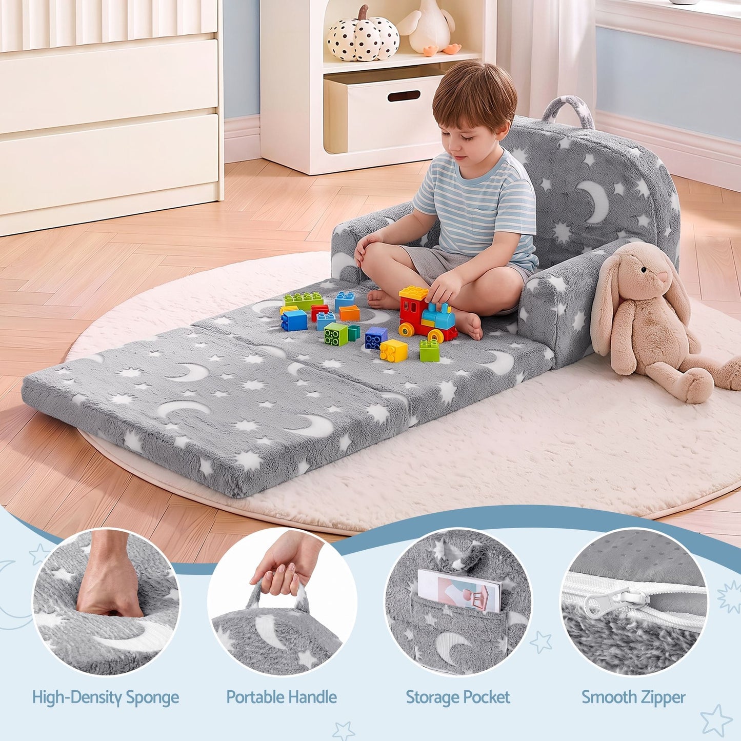 Keezi Kids Baby & Kids > Kid's Furniture > Kid's Tables, Chairs & Seats Keezi Kids 2-in-1 Fold Out Sofa Bed with Removable Washable Cover, Carry Handle, Storage Pocket, Glow in the Dark, Grey