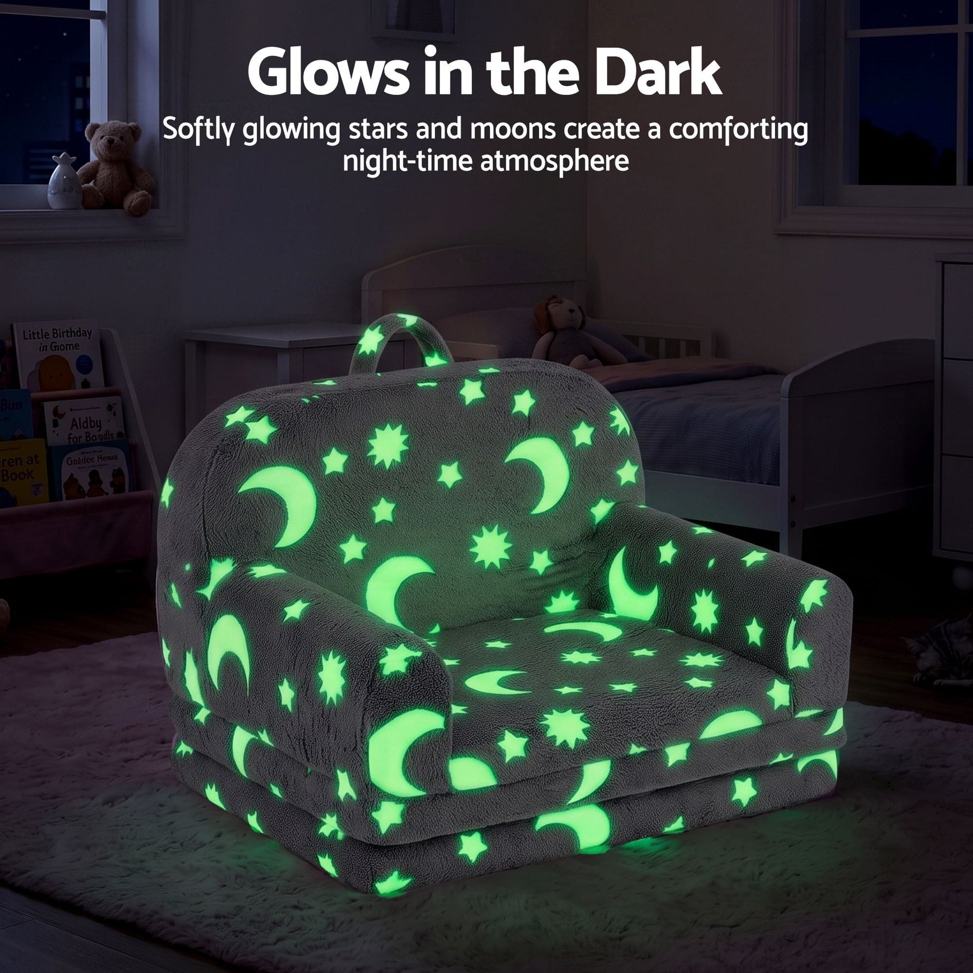 Keezi Kids Baby & Kids > Kid's Furniture > Kid's Tables, Chairs & Seats Keezi Kids 2-in-1 Fold Out Sofa Bed with Removable Washable Cover, Carry Handle, Storage Pocket, Glow in the Dark, Grey