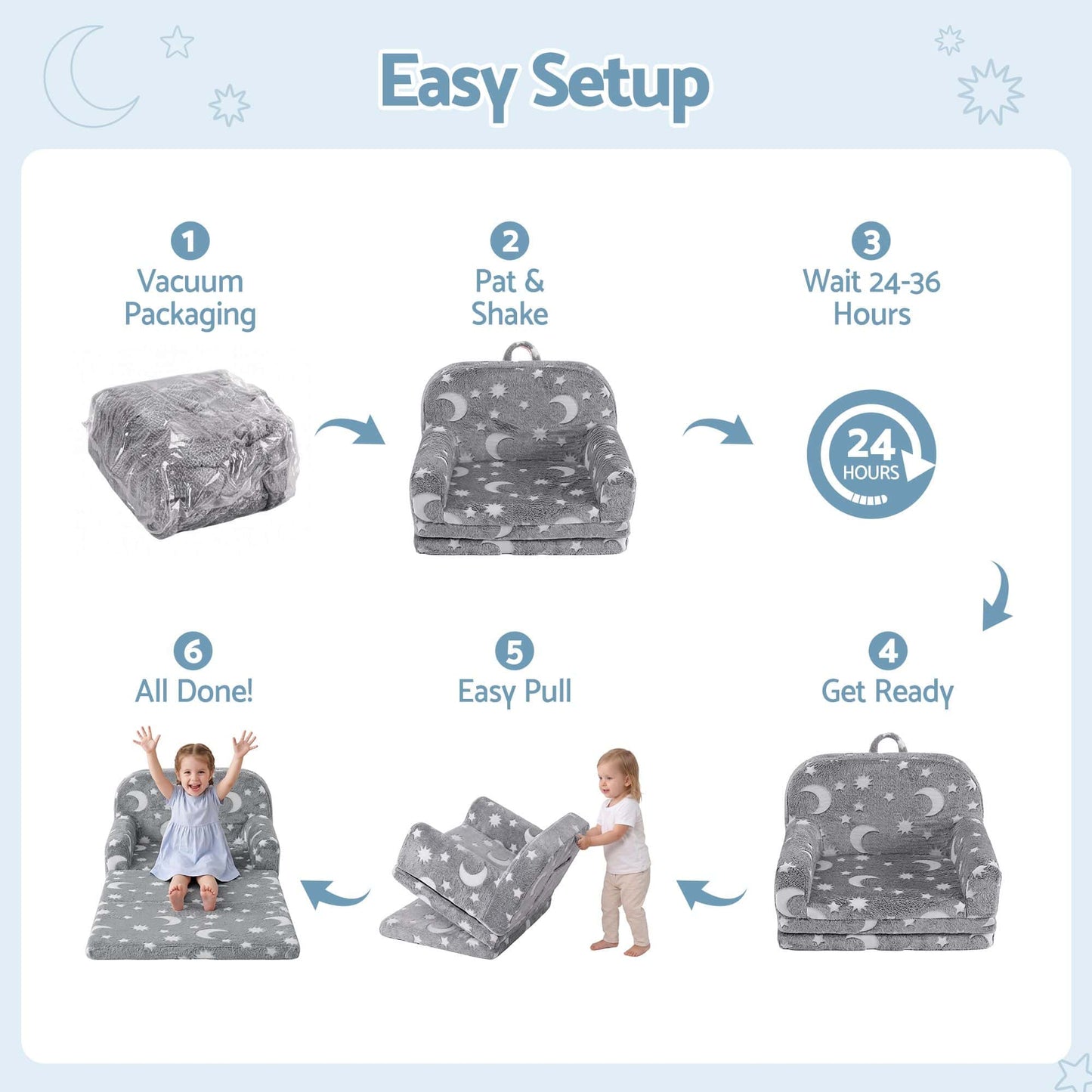 Keezi Kids Baby & Kids > Kid's Furniture > Kid's Tables, Chairs & Seats Keezi Kids 2-in-1 Fold Out Sofa Bed with Removable Washable Cover, Carry Handle, Storage Pocket, Glow in the Dark, Grey