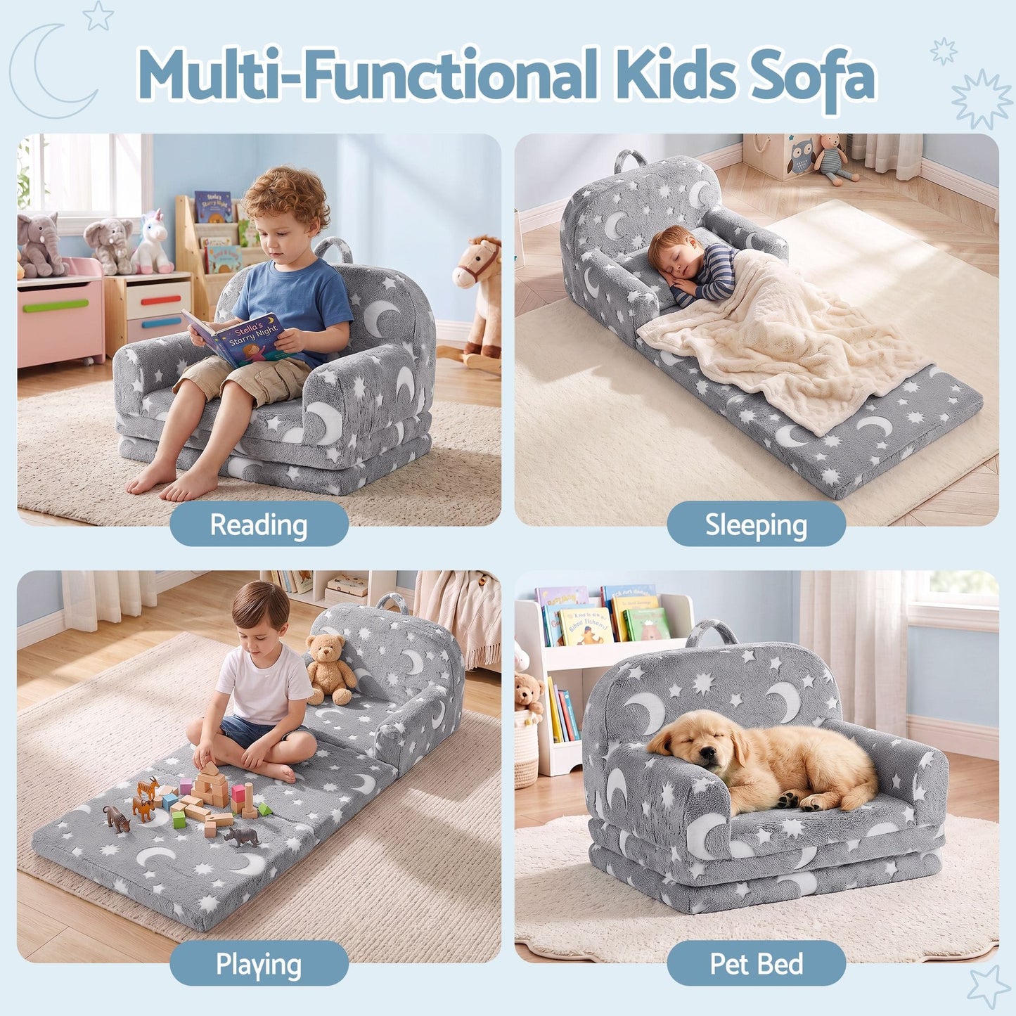 Keezi Kids Baby & Kids > Kid's Furniture > Kid's Tables, Chairs & Seats Keezi Kids 2-in-1 Fold Out Sofa Bed with Removable Washable Cover, Carry Handle, Storage Pocket, Glow in the Dark, Grey