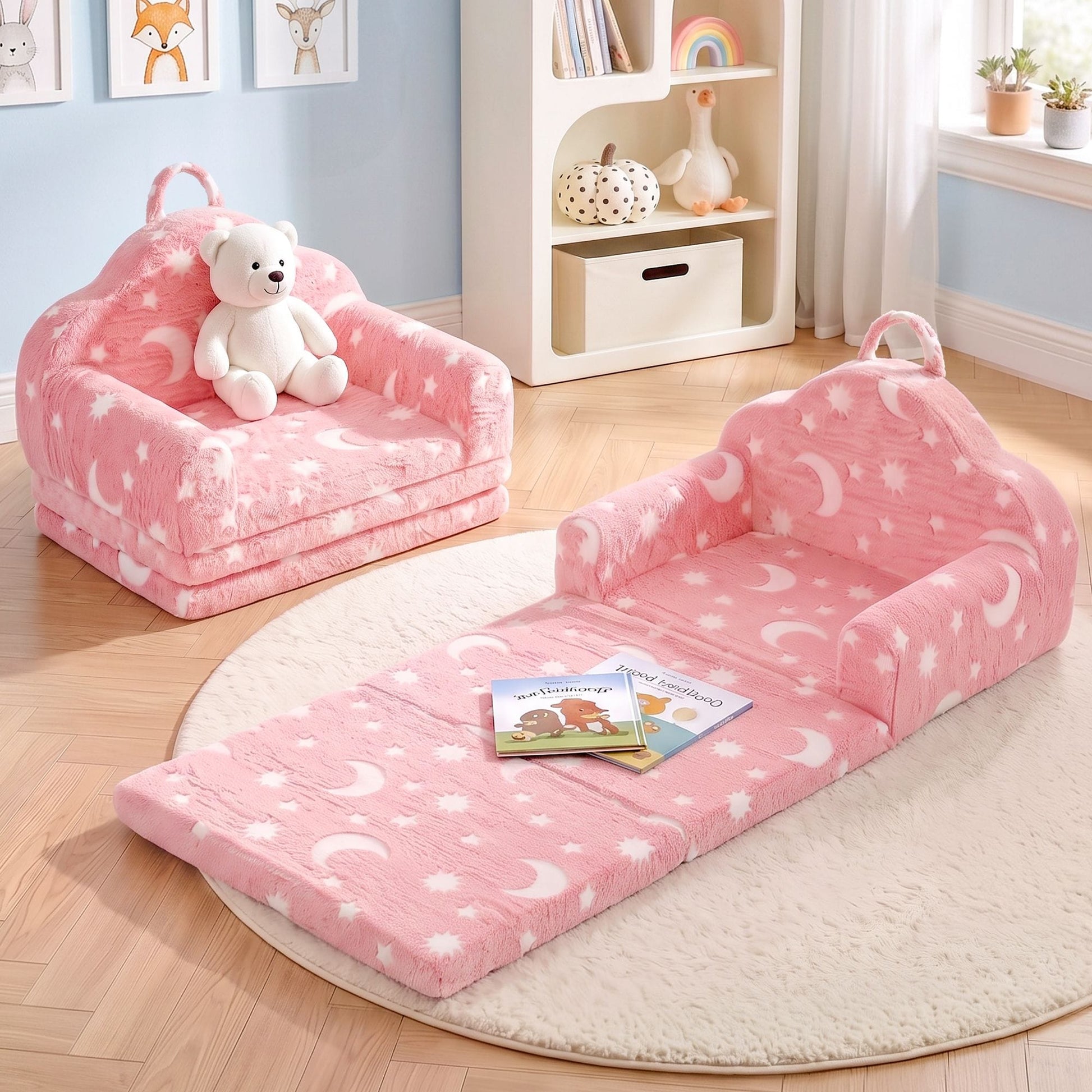 Keezi Kids Baby & Kids > Kid's Furniture > Kid's Tables, Chairs & Seats Keezi Kids 2-in-1 Fold Out Sofa Bed with Removable Washable Cover, Carry Handle, Storage Pocket, Glow in the Dark, Pink