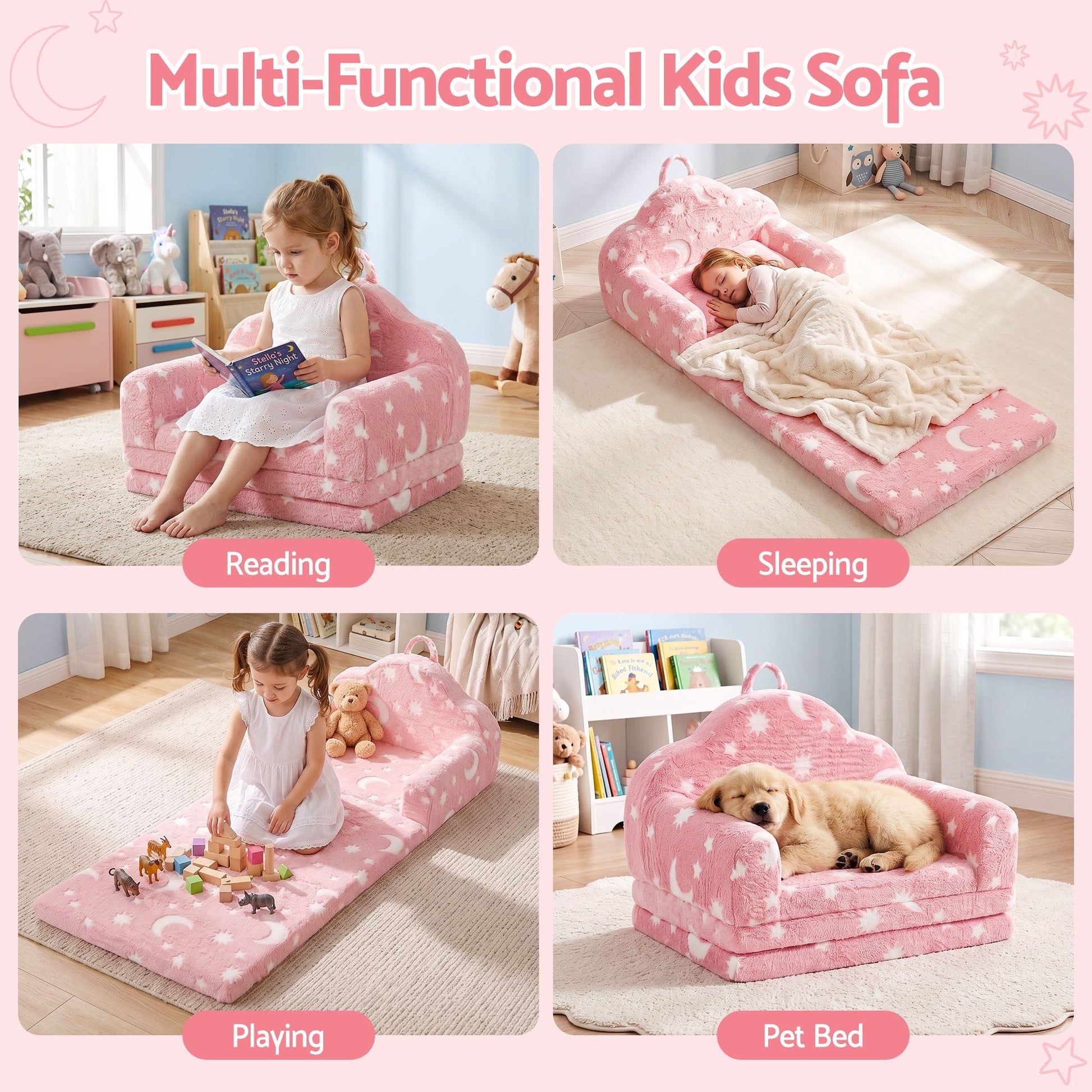 Keezi Kids Baby & Kids > Kid's Furniture > Kid's Tables, Chairs & Seats Keezi Kids 2-in-1 Fold Out Sofa Bed with Removable Washable Cover, Carry Handle, Storage Pocket, Glow in the Dark, Pink