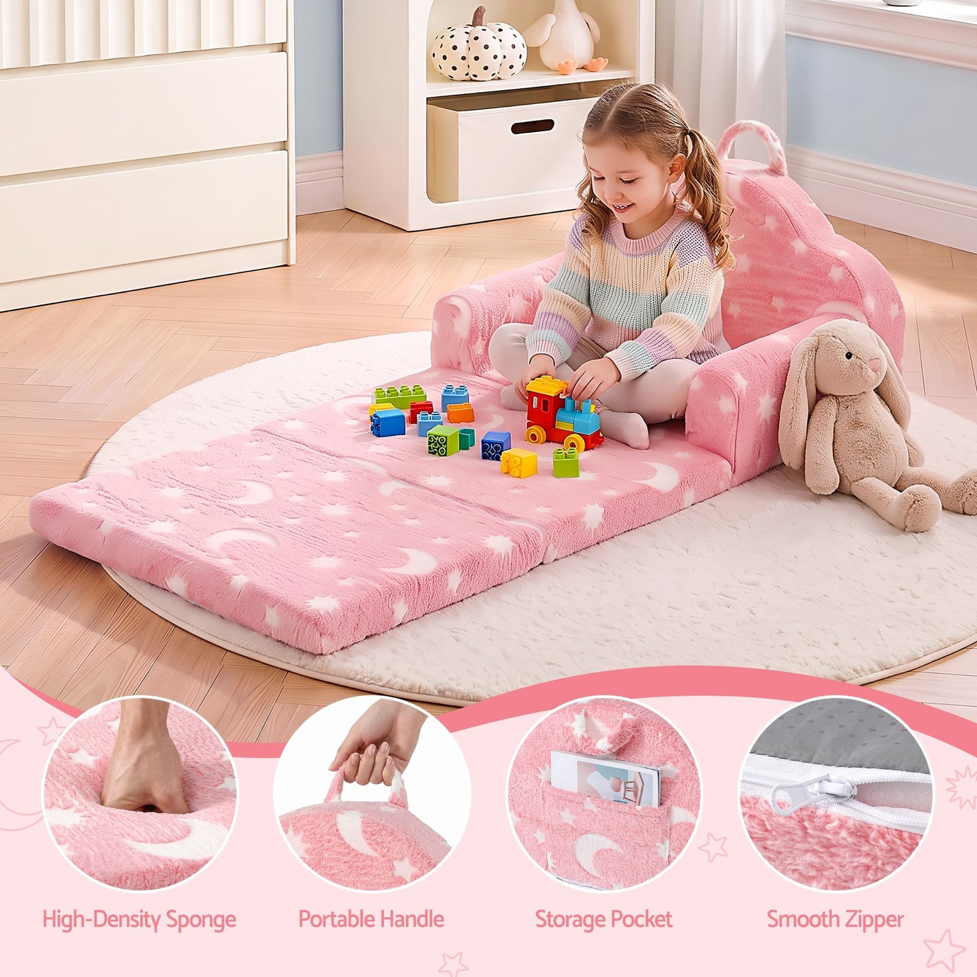 Keezi Kids Baby & Kids > Kid's Furniture > Kid's Tables, Chairs & Seats Keezi Kids 2-in-1 Fold Out Sofa Bed with Removable Washable Cover, Carry Handle, Storage Pocket, Glow in the Dark, Pink