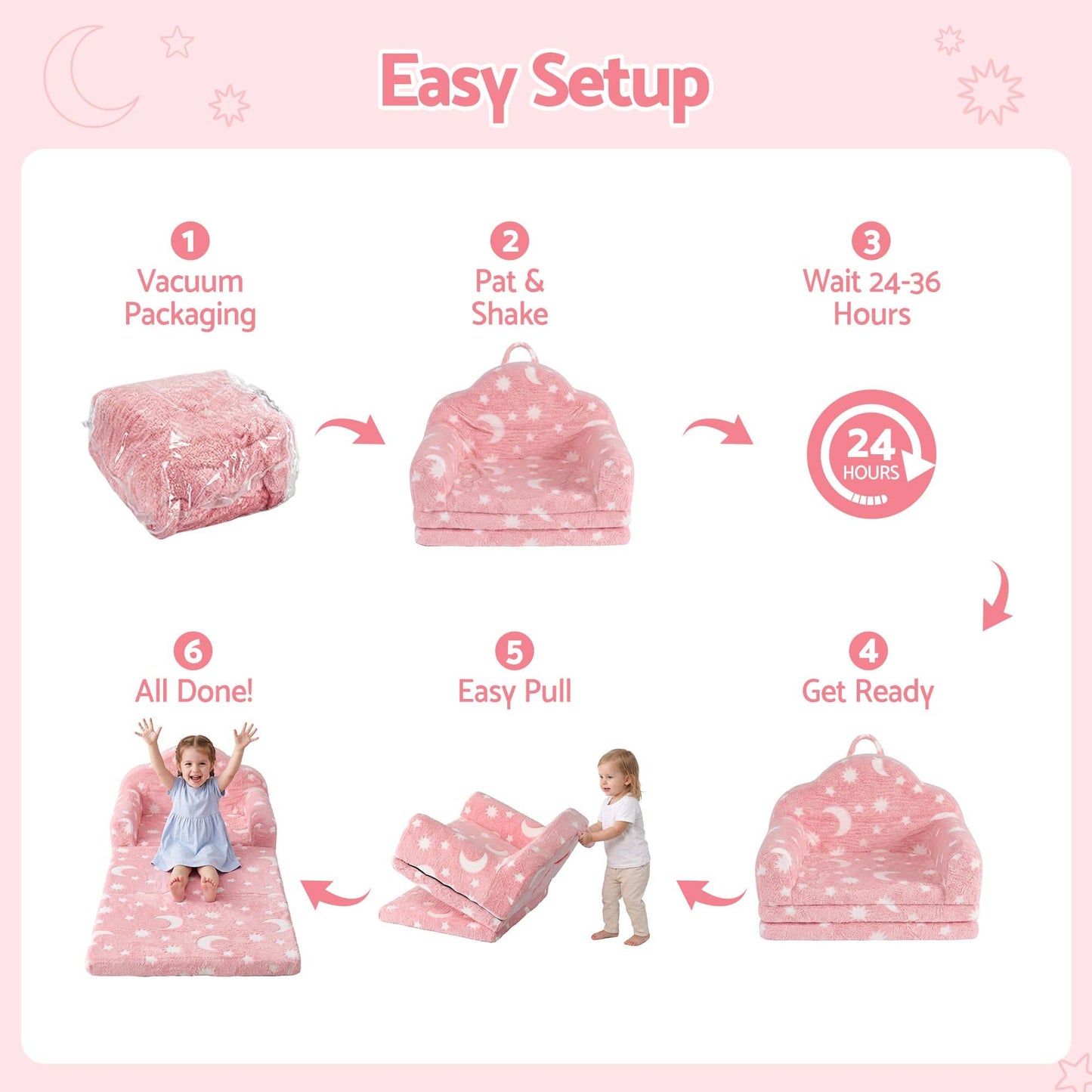 Keezi Kids Baby & Kids > Kid's Furniture > Kid's Tables, Chairs & Seats Keezi Kids 2-in-1 Fold Out Sofa Bed with Removable Washable Cover, Carry Handle, Storage Pocket, Glow in the Dark, Pink