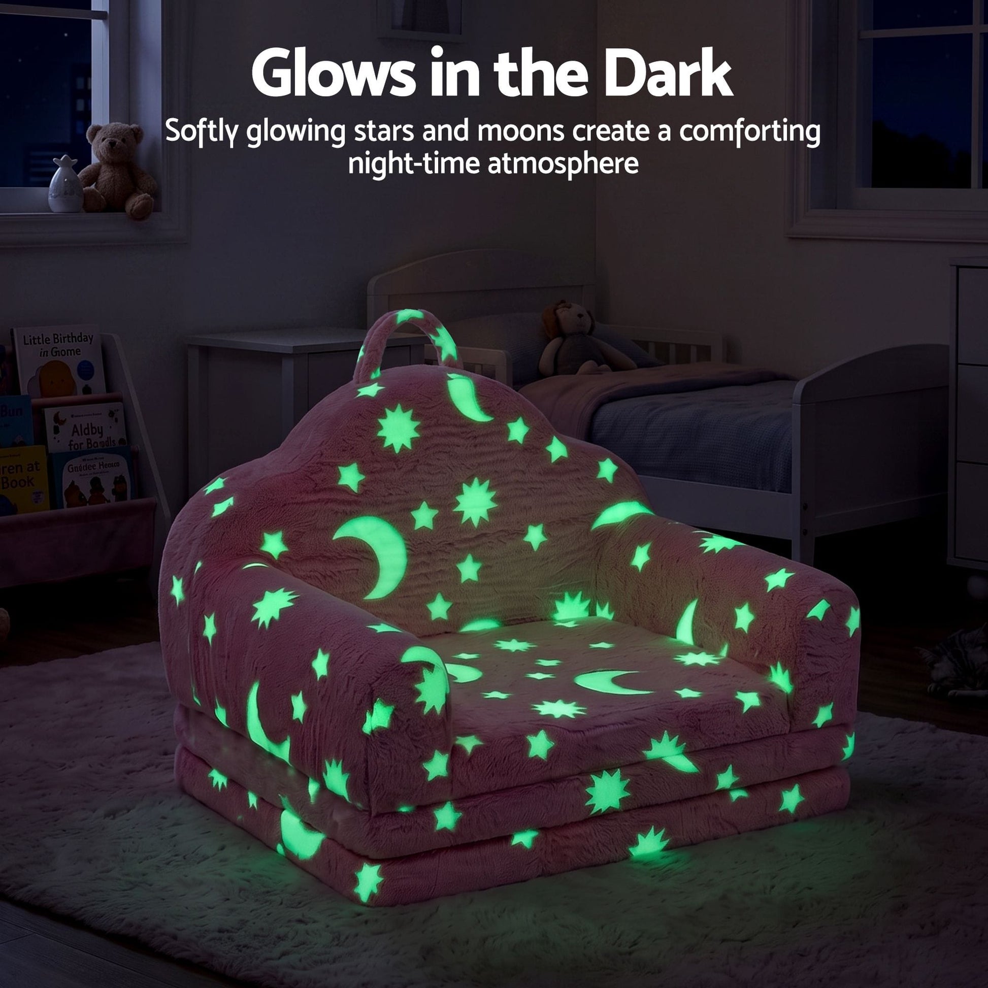 Keezi Kids Baby & Kids > Kid's Furniture > Kid's Tables, Chairs & Seats Keezi Kids 2-in-1 Fold Out Sofa Bed with Removable Washable Cover, Carry Handle, Storage Pocket, Glow in the Dark, Pink