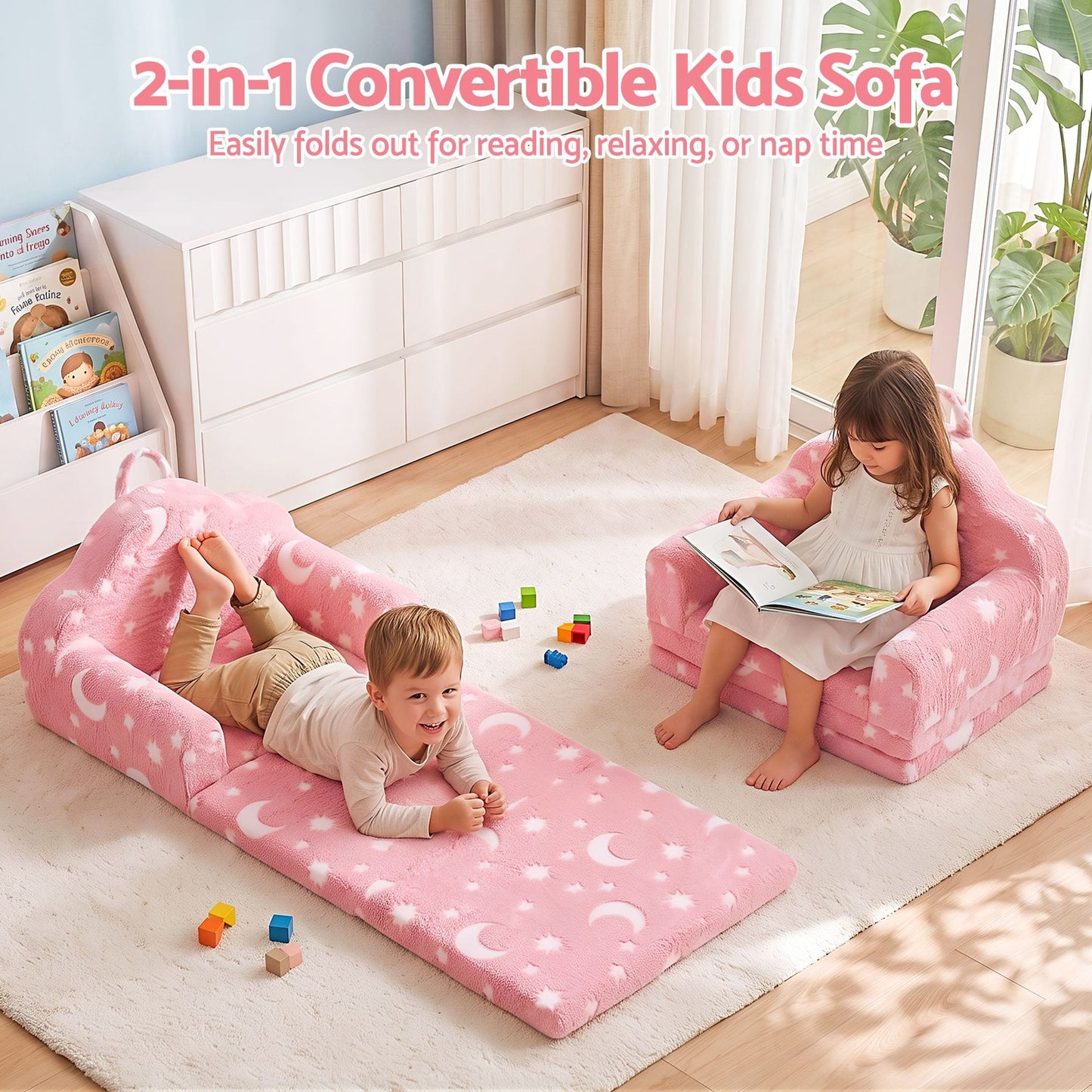 Keezi Kids Baby & Kids > Kid's Furniture > Kid's Tables, Chairs & Seats Keezi Kids 2-in-1 Fold Out Sofa Bed with Removable Washable Cover, Carry Handle, Storage Pocket, Glow in the Dark, Pink