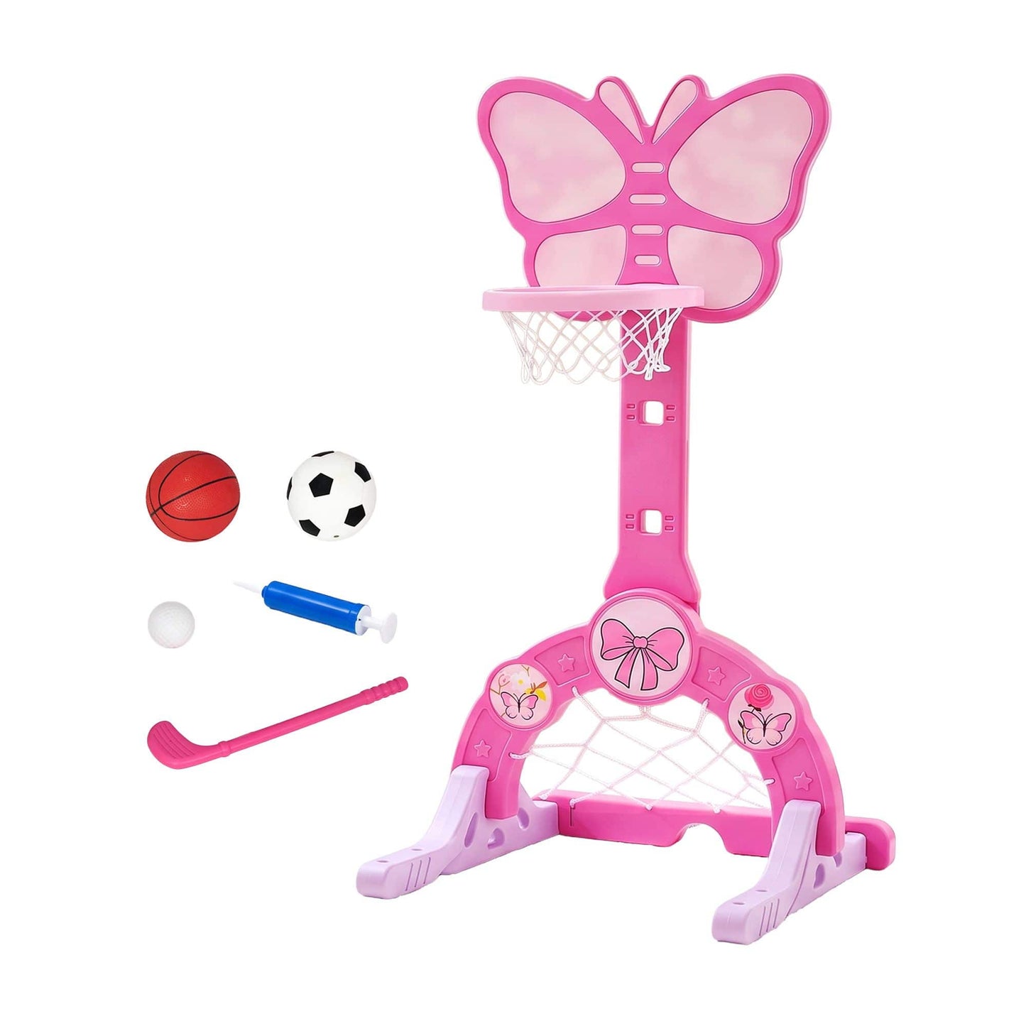 Keezi Sports & Fitness > Ball Sports > Basketball & Basketball Accessories Keezi 3-in-1 Kids Basketball Hoop Soccer Goal Golf Game Set with Balls Pink