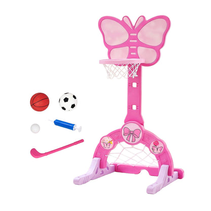 Keezi Sports & Fitness > Ball Sports > Basketball & Basketball Accessories Keezi 3-in-1 Kids Basketball Hoop Soccer Goal Golf Game Set with Balls Pink