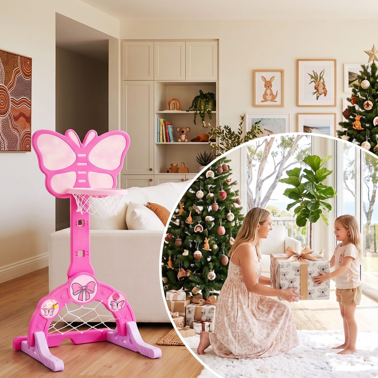 Keezi Sports & Fitness > Ball Sports > Basketball & Basketball Accessories Keezi 3-in-1 Kids Basketball Hoop Soccer Goal Golf Game Set with Balls Pink