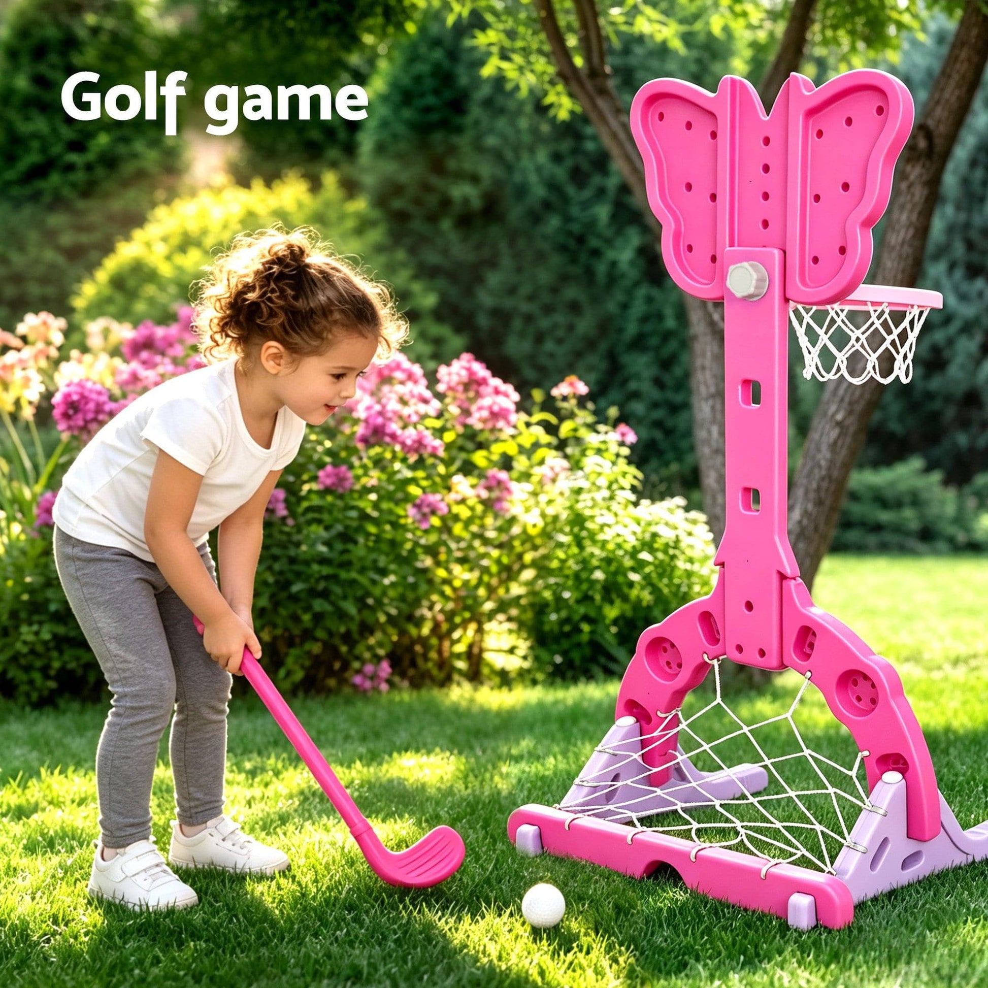 Keezi Sports & Fitness > Ball Sports > Basketball & Basketball Accessories Keezi 3-in-1 Kids Basketball Hoop Soccer Goal Golf Game Set with Balls Pink