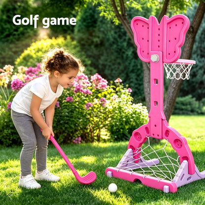 Keezi Sports & Fitness > Ball Sports > Basketball & Basketball Accessories Keezi 3-in-1 Kids Basketball Hoop Soccer Goal Golf Game Set with Balls Pink