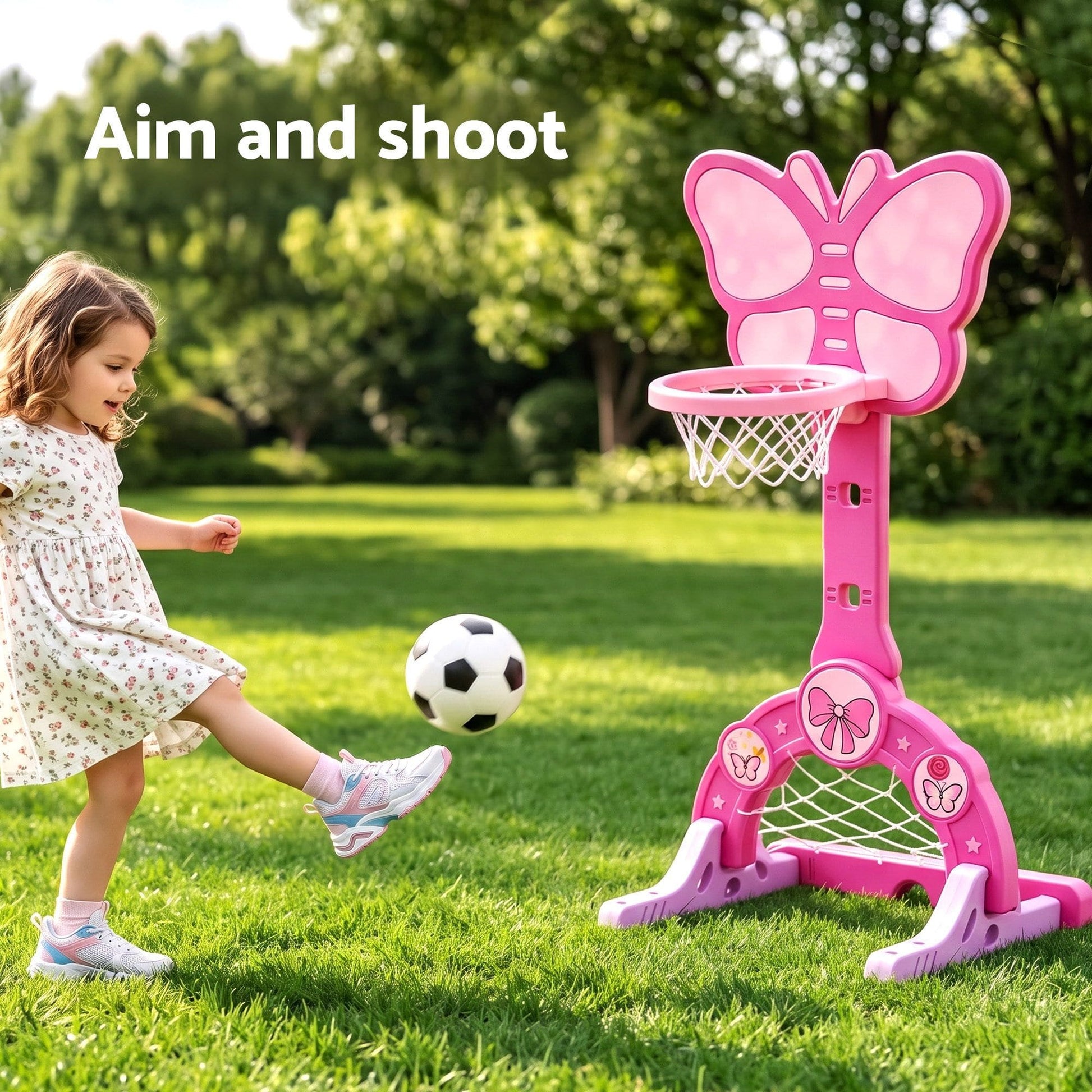 Keezi Sports & Fitness > Ball Sports > Basketball & Basketball Accessories Keezi 3-in-1 Kids Basketball Hoop Soccer Goal Golf Game Set with Balls Pink