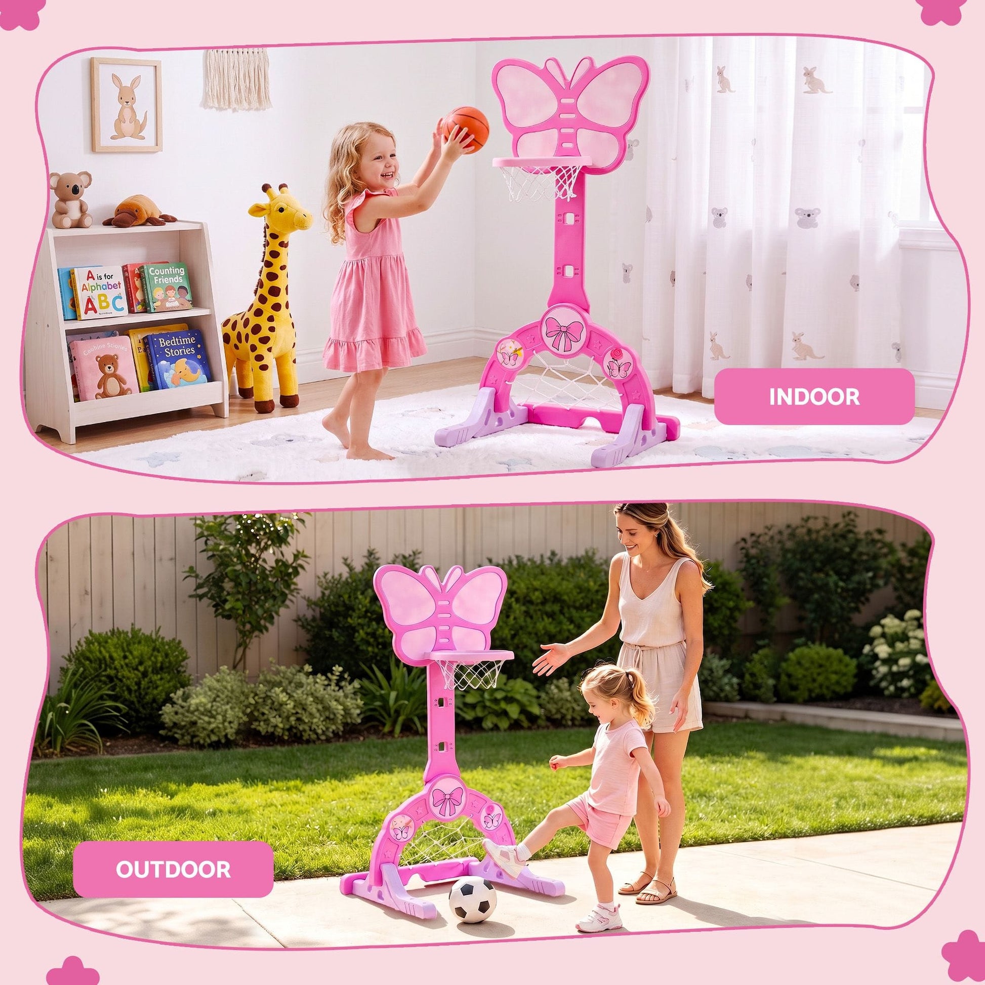 Keezi Sports & Fitness > Ball Sports > Basketball & Basketball Accessories Keezi 3-in-1 Kids Basketball Hoop Soccer Goal Golf Game Set with Balls Pink