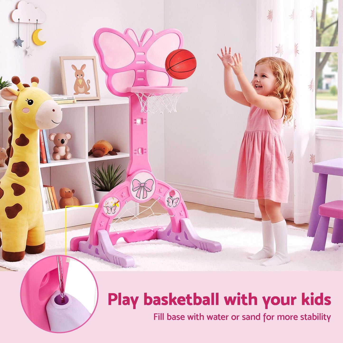 Keezi Sports & Fitness > Ball Sports > Basketball & Basketball Accessories Keezi 3-in-1 Kids Basketball Hoop Soccer Goal Golf Game Set with Balls Pink
