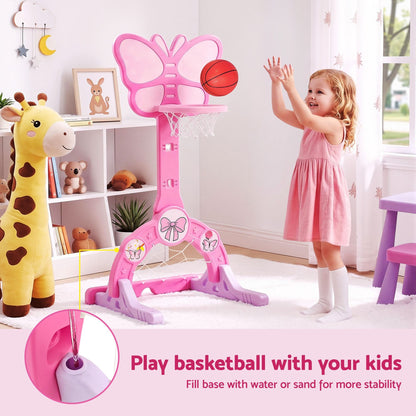Keezi Sports & Fitness > Ball Sports > Basketball & Basketball Accessories Keezi 3-in-1 Kids Basketball Hoop Soccer Goal Golf Game Set with Balls Pink