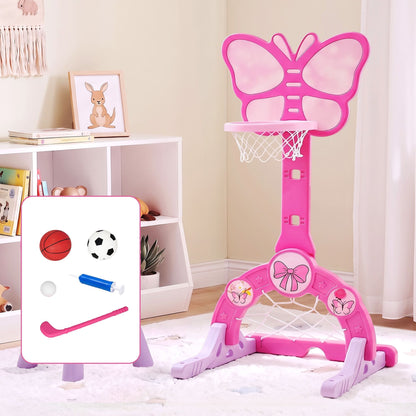 Keezi Sports & Fitness > Ball Sports > Basketball & Basketball Accessories Keezi 3-in-1 Kids Basketball Hoop Soccer Goal Golf Game Set with Balls Pink