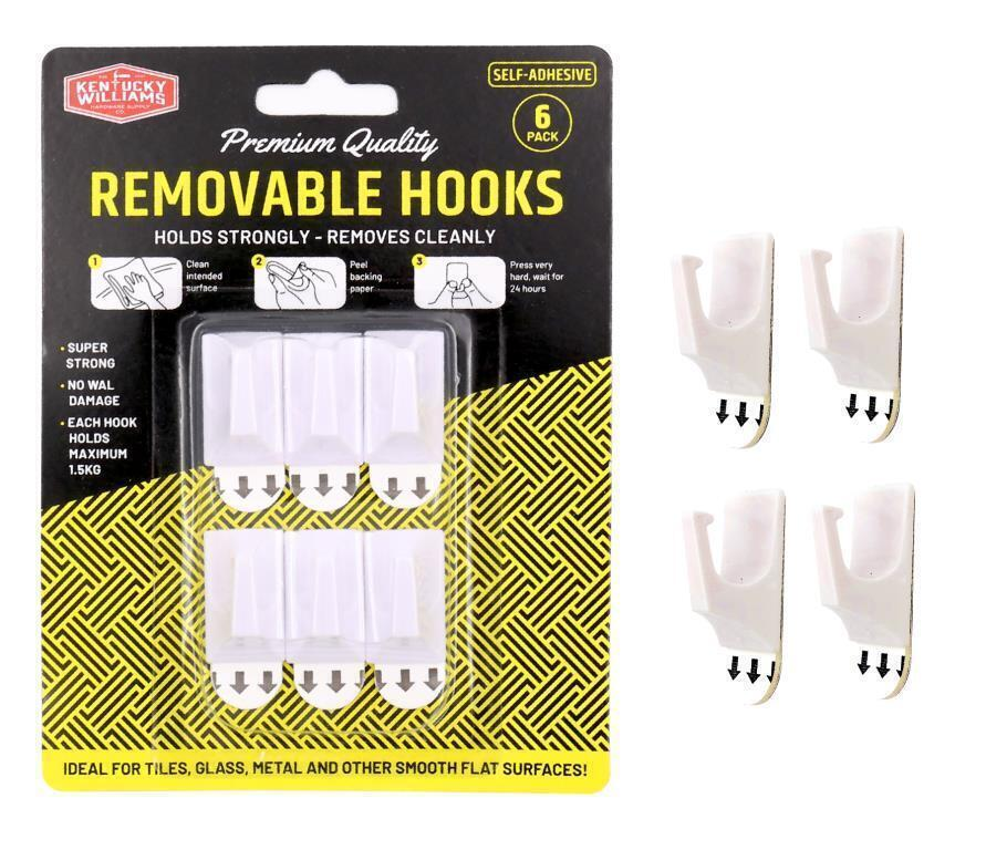Kentucky Williams Removable hooks 6x Removable Hooks White Self Adhesive Wall Hanging Hook Up To 1.5KG Tiles Glass