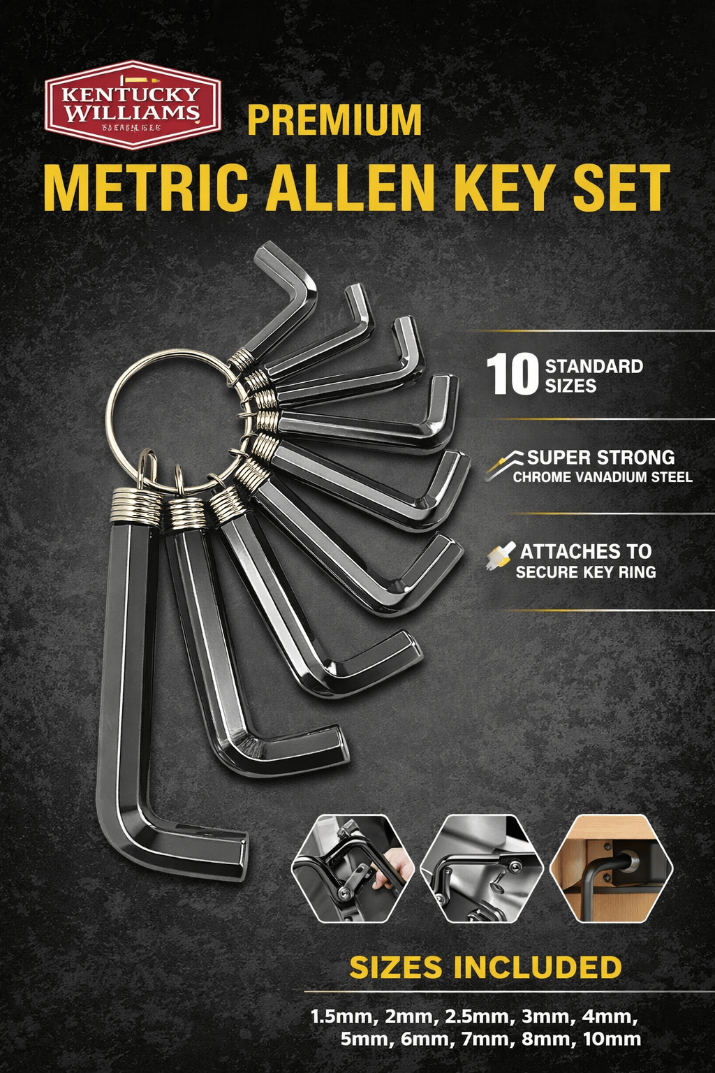 Kentucky Williams Tools > Other Tools > Hand Tools 10pc Set Metric Allen Key Hex Keys Imperial Wrench Steel Tool 1.5-10mm Kit