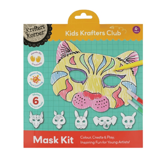 Krafters Korner 6 Pack Animal Mask Craft Kit for Kids Colouring Paper Play Party Activity