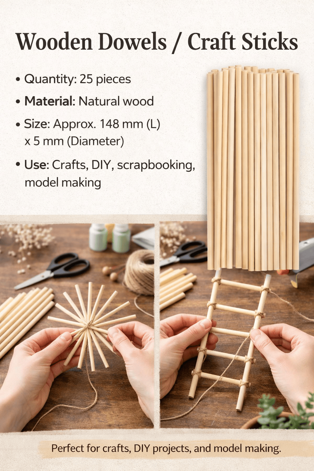 Krafters Korner Home & Garden > Hobbies > Arts & Crafts 25Pk 148x5mm Dowels Natural Wooden Art Crafts DIY Wood Stick Hooby Scrapbooking