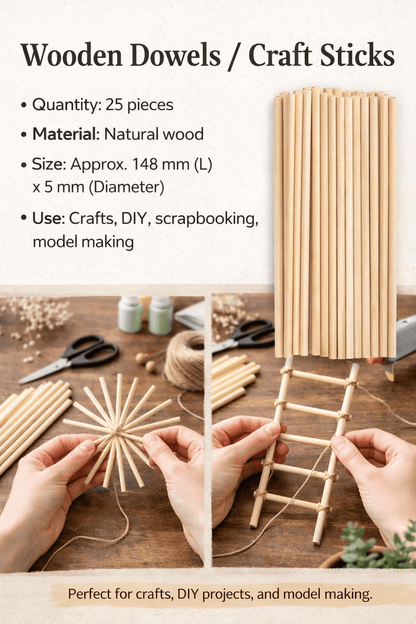 Krafters Korner Home & Garden > Hobbies > Arts & Crafts 25Pk 148x5mm Dowels Natural Wooden Art Crafts DIY Wood Stick Hooby Scrapbooking
