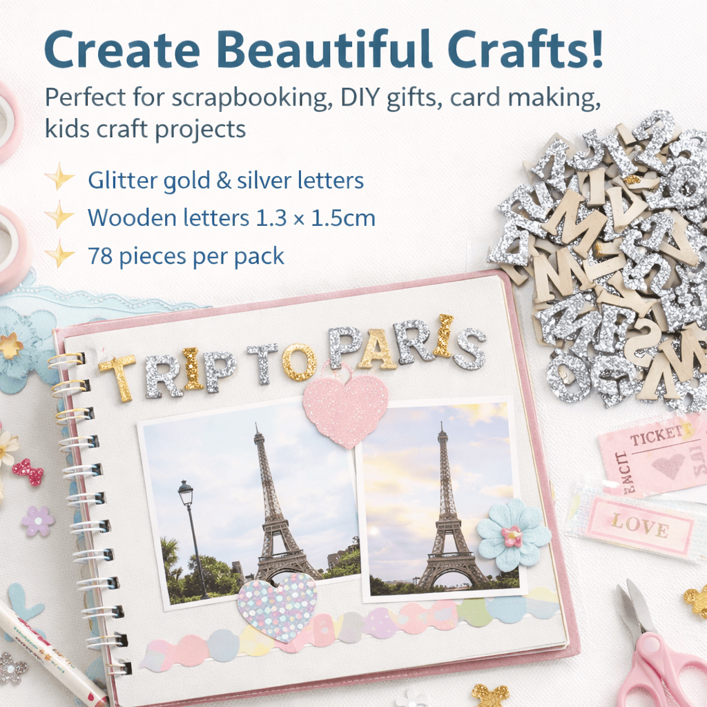 Krafters Korner Home & Garden > Hobbies > Arts & Crafts 78Pk 1.3x1.5cm Glitter Wooden Letter Set Gold Silver DIY Crafts Art Scrapbooking