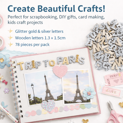 Krafters Korner Home & Garden > Hobbies > Arts & Crafts 78Pk 1.3x1.5cm Glitter Wooden Letter Set Gold Silver DIY Crafts Art Scrapbooking