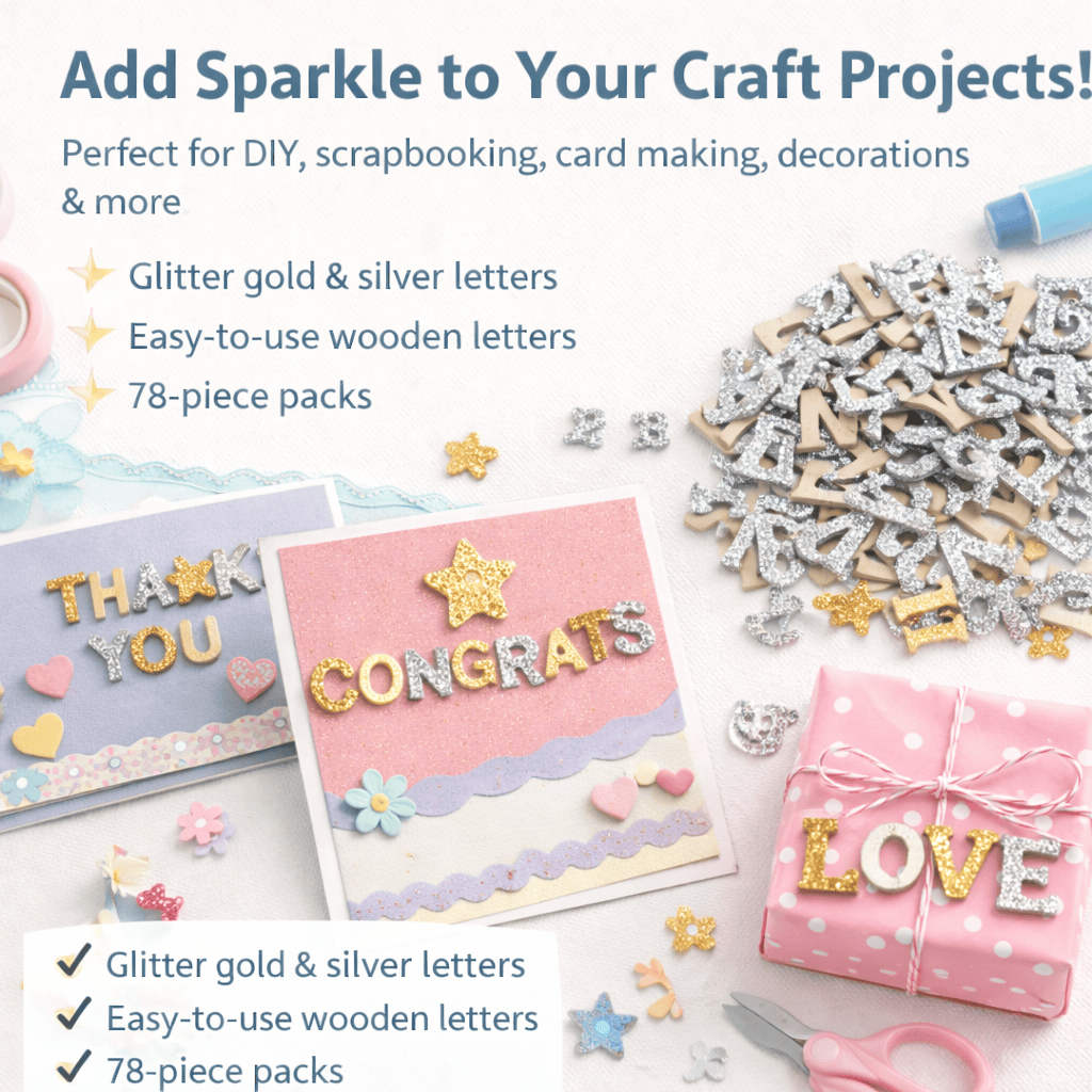 Krafters Korner Home & Garden > Hobbies > Arts & Crafts 78Pk 1.3x1.5cm Glitter Wooden Letter Set Gold Silver DIY Crafts Art Scrapbooking