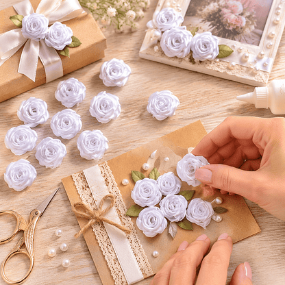 Krafters Korner Home & Garden > Hobbies > Arts & Crafts Satin Ribbon Roses 12pc White Floral Flowers Leaf Crafts 2cm
