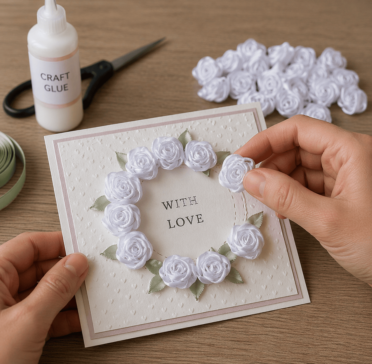 Krafters Korner Home & Garden > Hobbies > Arts & Crafts Satin Ribbon Roses 12pc White Floral Flowers Leaf Crafts 2cm