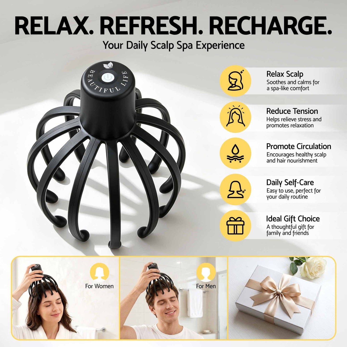 Livemor Health & Beauty > Massage & Relaxation > Massagers Livemor Head Massager Scalp Electric with 3 Modes, 360 Degree Head Massager Cordless Portable, Head Scratcher for Stress Relax