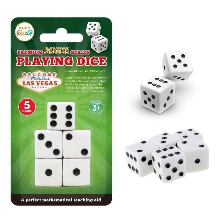 Made 2 party Dice Set of 5 Six Sided Square Opaque 19mm Playing Dice White with Black Pip Die