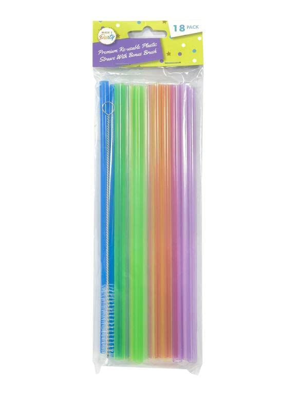 Made2Party Drinking straw 18pcs Reusable Straws Hard Plastic Drinking Straw Cleaning Brush Party Colourful