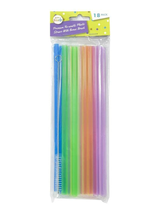 Made2Party Drinking straw 18pcs Reusable Straws Hard Plastic Drinking Straw Cleaning Brush Party Colourful
