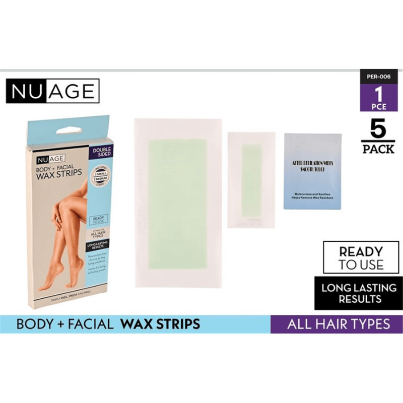 NUAGE 5Pcs Wax Strips Double Sided 2 Sizes With Aloe Body Facial Hair Peel Press Pull